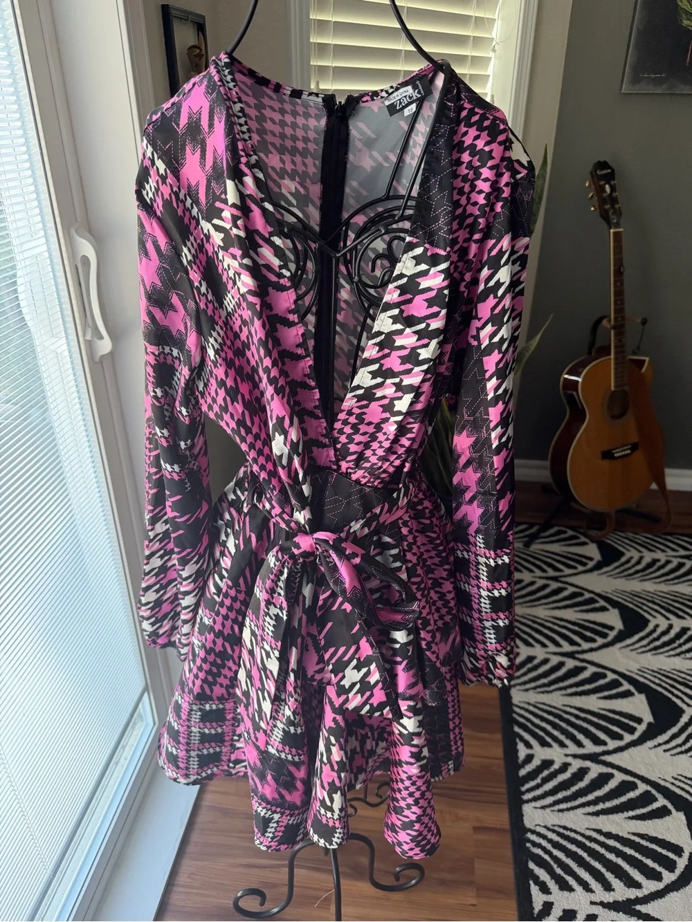 John Zack exclusive Pink & Black Patterned Wrap Mini Dress - Picture 6 of 8